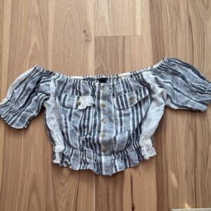 American Eagle Outfitters Blue and White Off-Shoulder Blouse